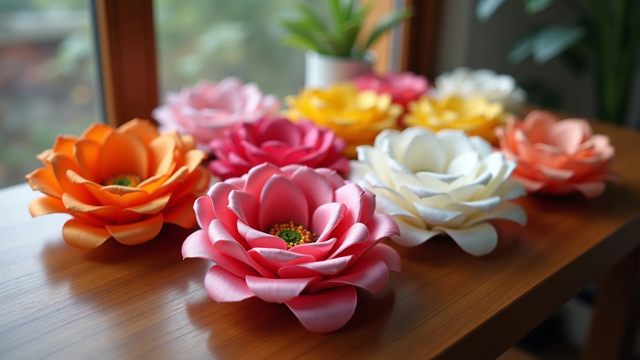Variedade de flores de cetim coloridas expostas em mesa de madeira, artesanato brasileiro.