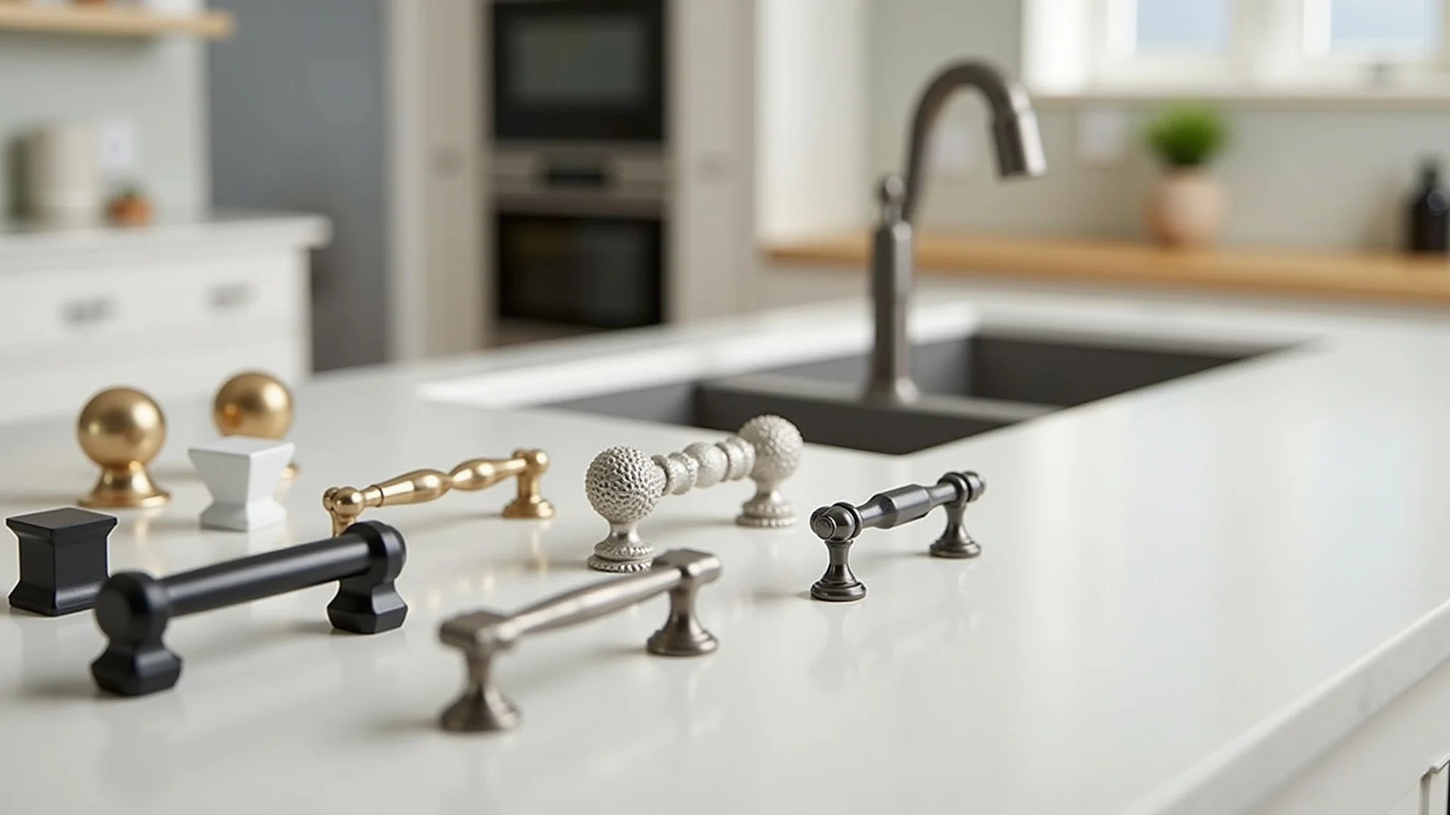 Diversos modelos estilosos de puxadores para armários de cozinha.
