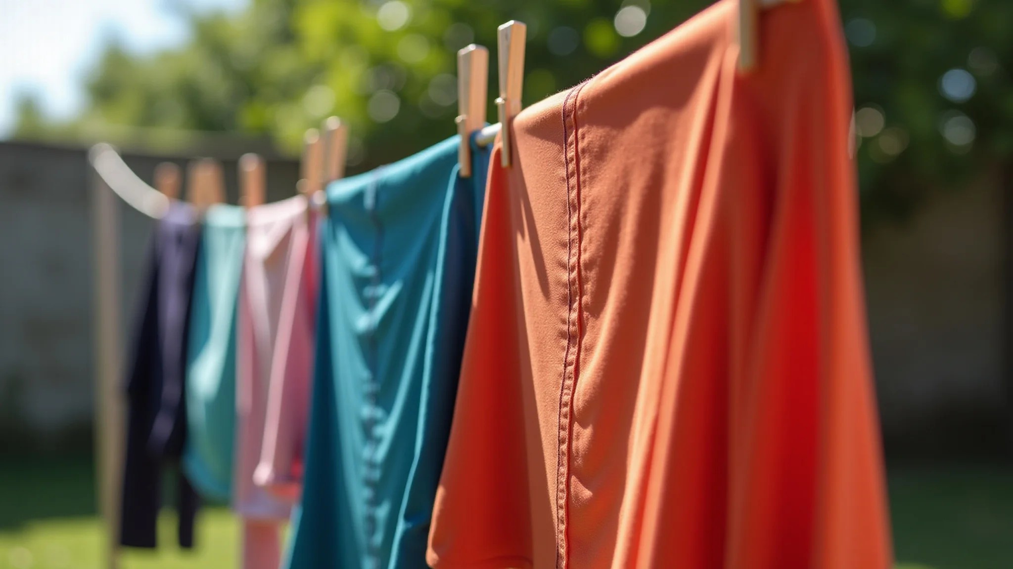 Roupas de academia secando no varal em um quintal ensolarado, foco na textura dos tecidos.