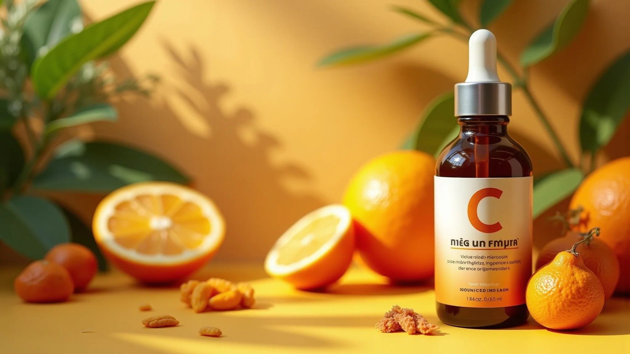 Frasco de sérum de Vitamina C com ingredientes naturais em fundo vibrante de estilo brasileiro.