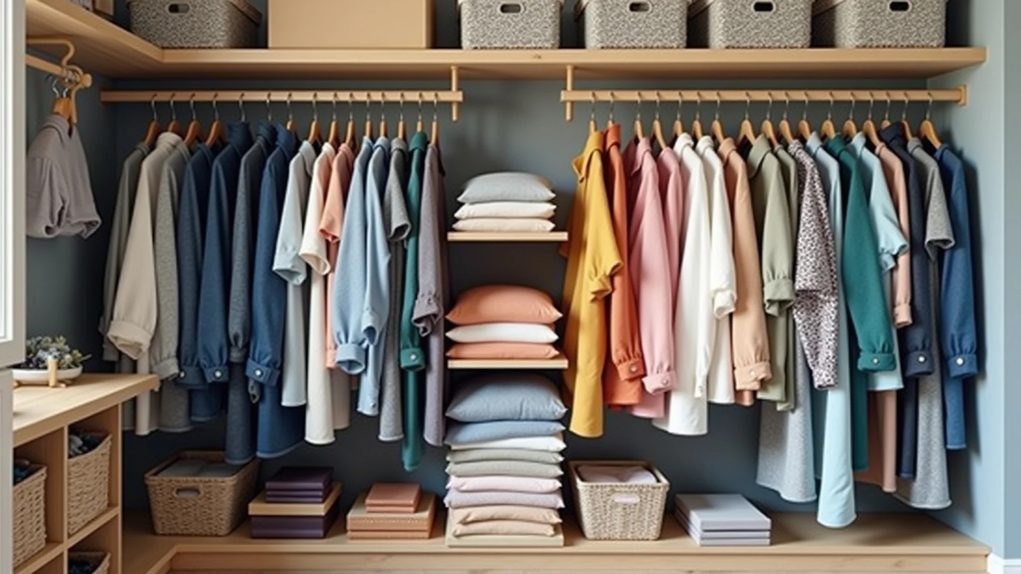 Guarda-roupa organizado com roupas dobradas e penduradas por cor, acessórios em caixas.