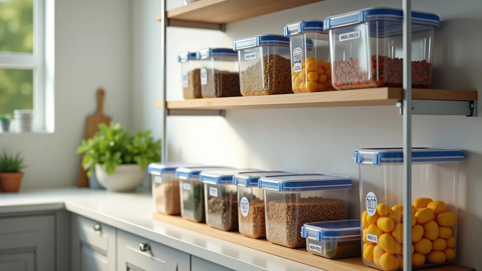 Potes plásticos organizados em uma cozinha brasileira moderna e iluminada, com etiquetas.