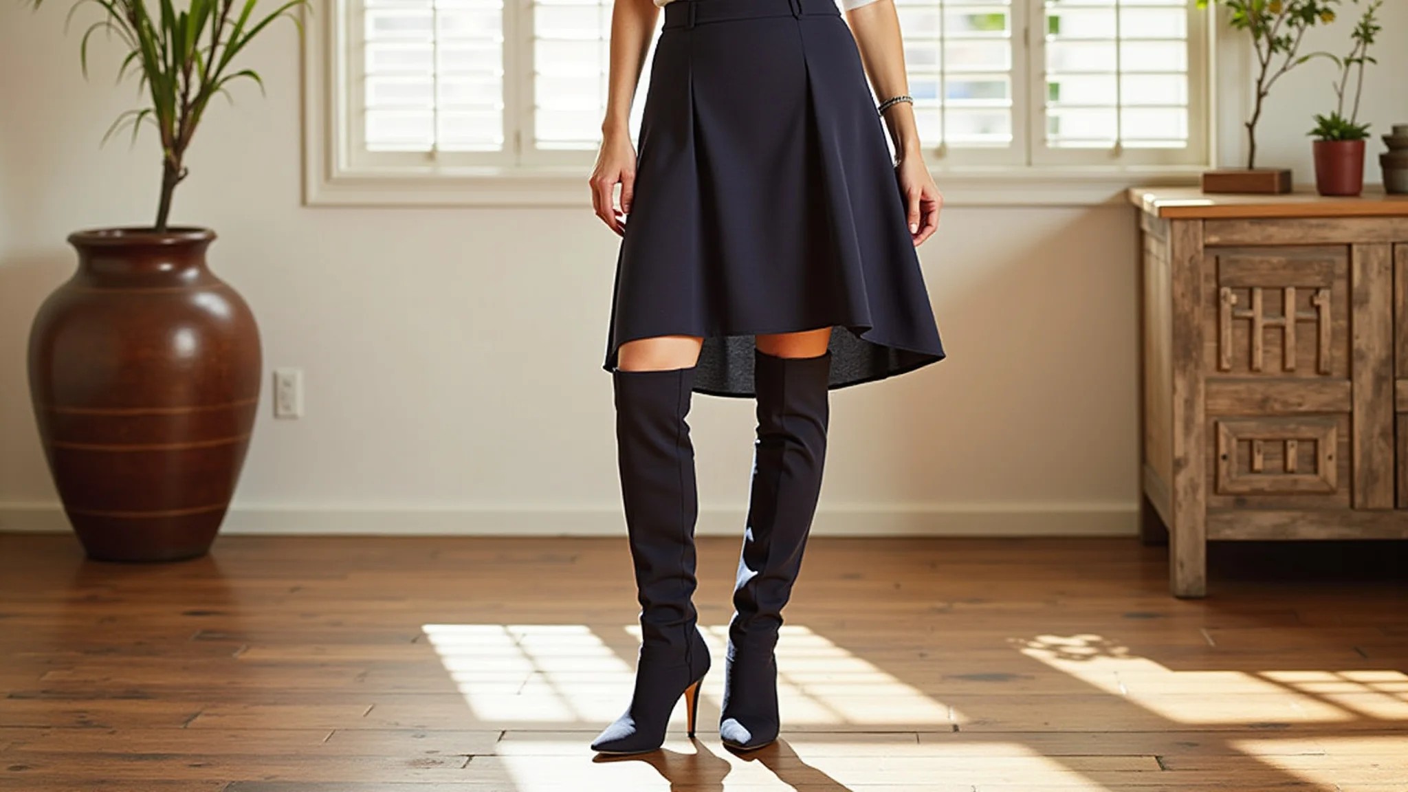Bota over the knee combinada com saia midi e blusa de seda em ambiente decorado.