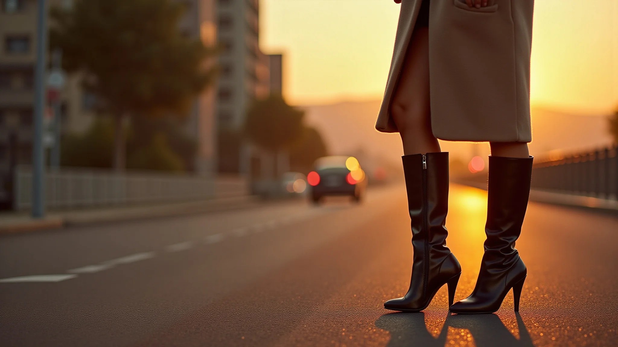 Mulher brasileira com bota over the knee e casaco oversized.