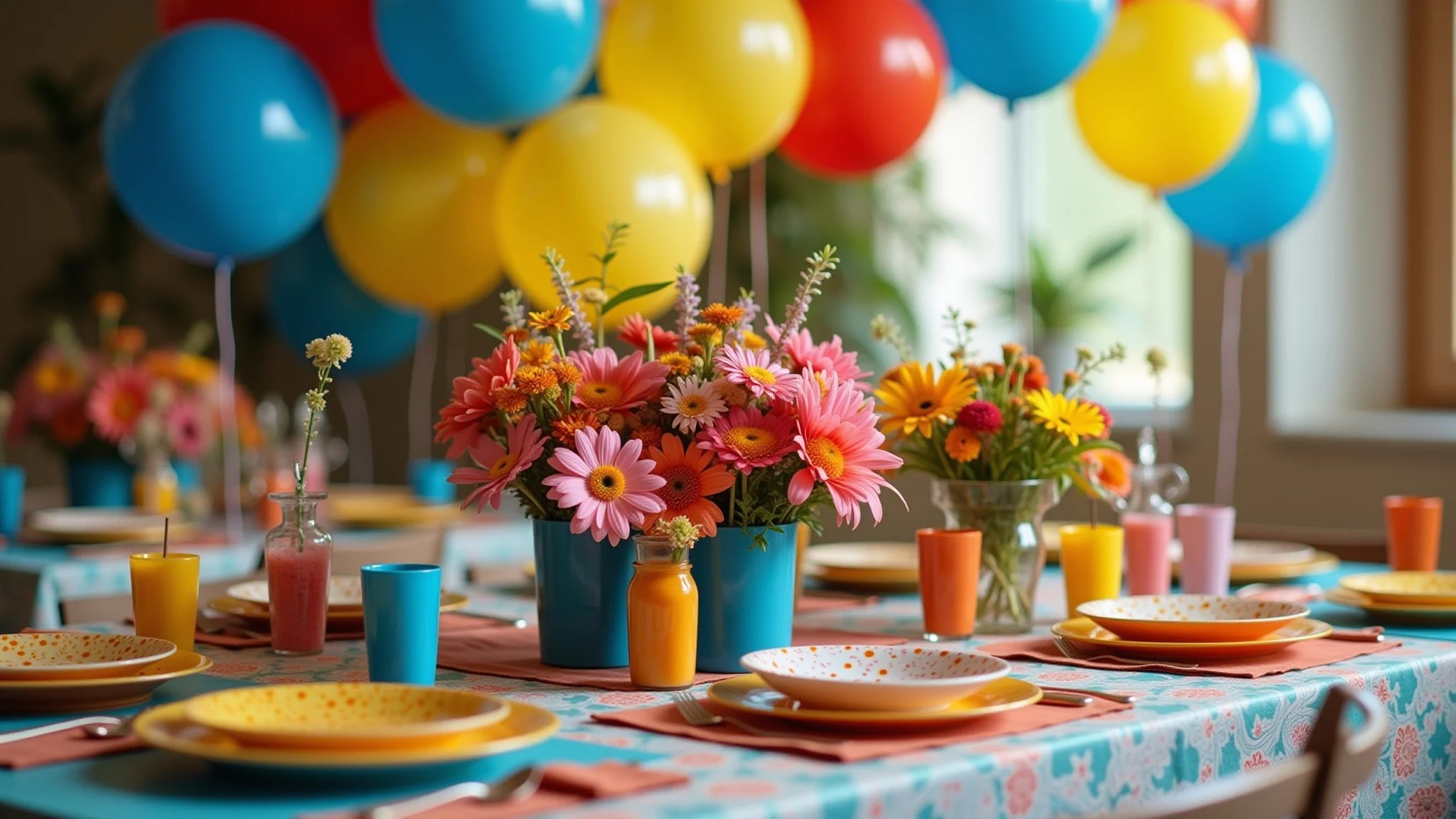 Mesa de festa com paleta de cores vibrantes, flores e balões.