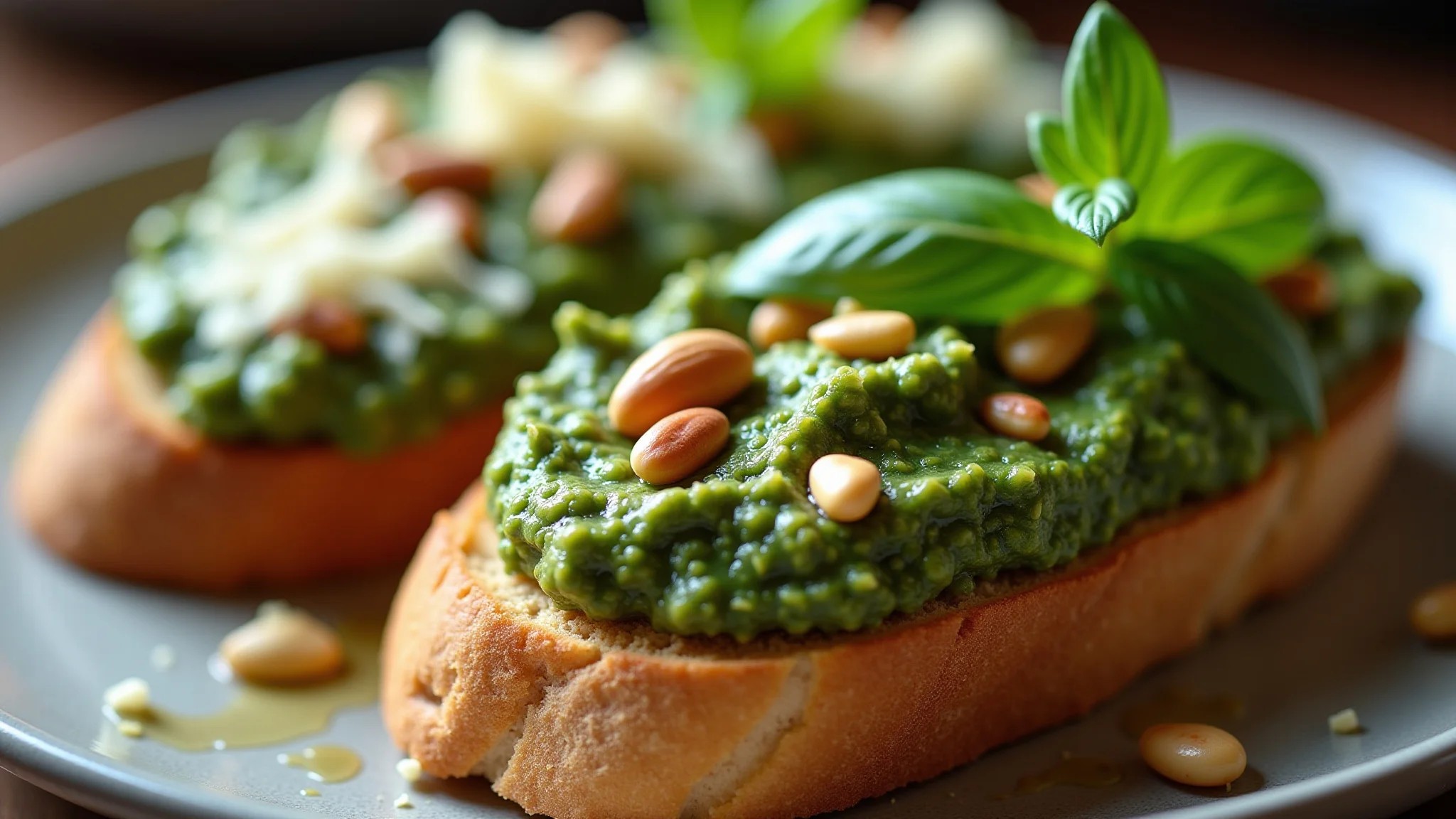 Pesto de manjericão roxo, pinoli e parmesão sobre pão rústico.