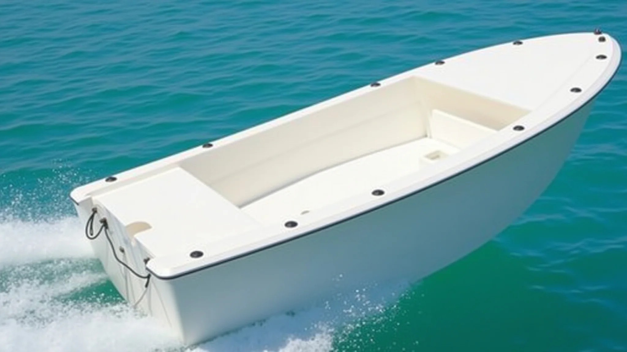 Casco de barco de fibra de vidro feito com resina poliéster em ambiente ensolarado.