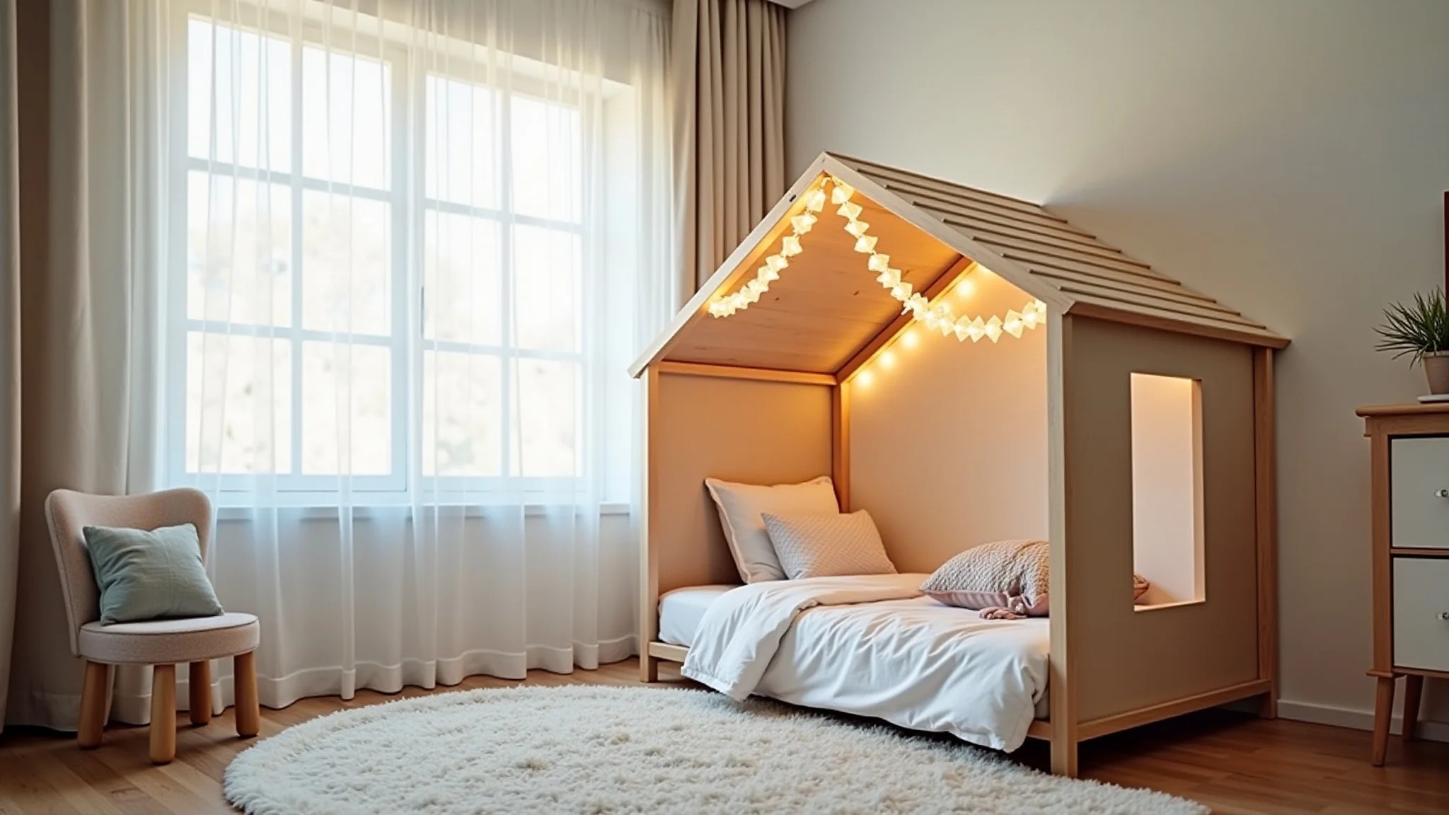 Cama montessoriana em formato de casinha com luzes e almofadas.