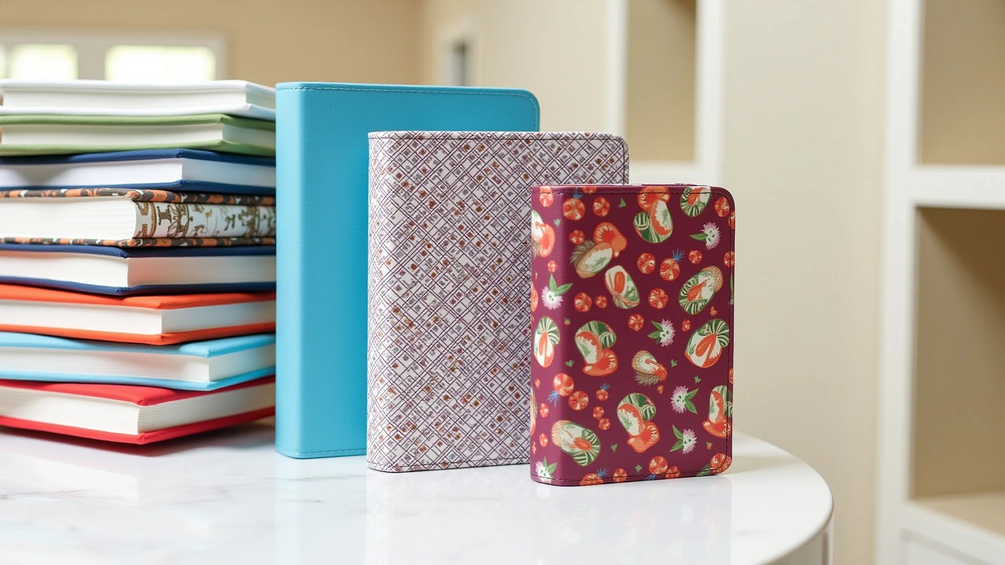 Variedade de cadernos artesanais com diferentes estilos de encadernação e capas de tecido.