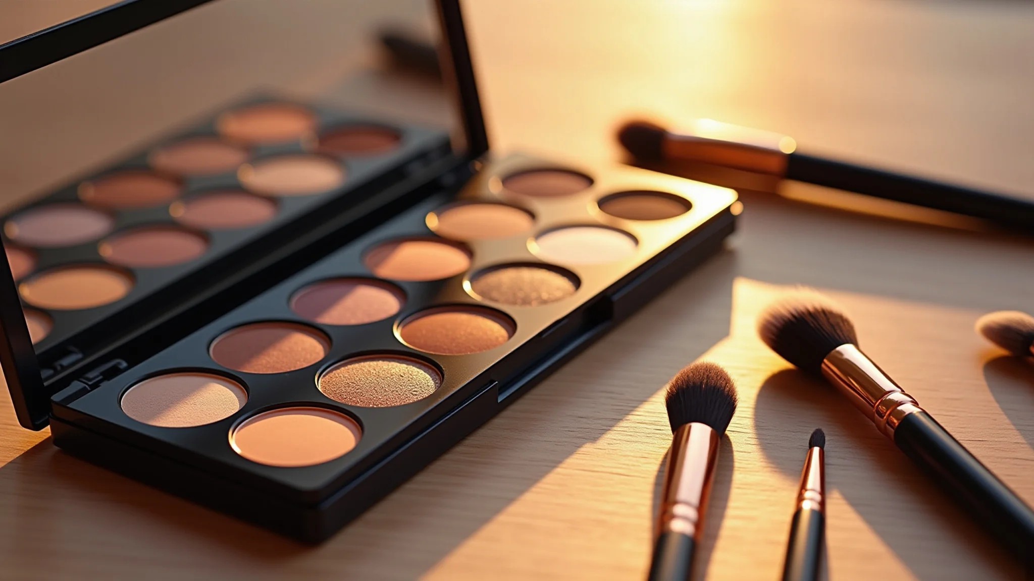Variedade de paletas de sombras e pincéis, mostrando opções de texturas e cores.