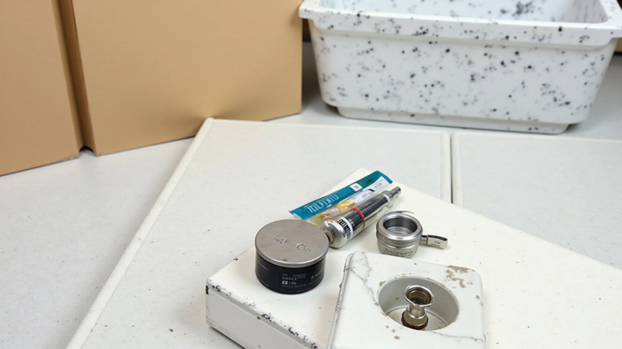 Materiais para fazer uma cuba de cimento marmorato DIY.