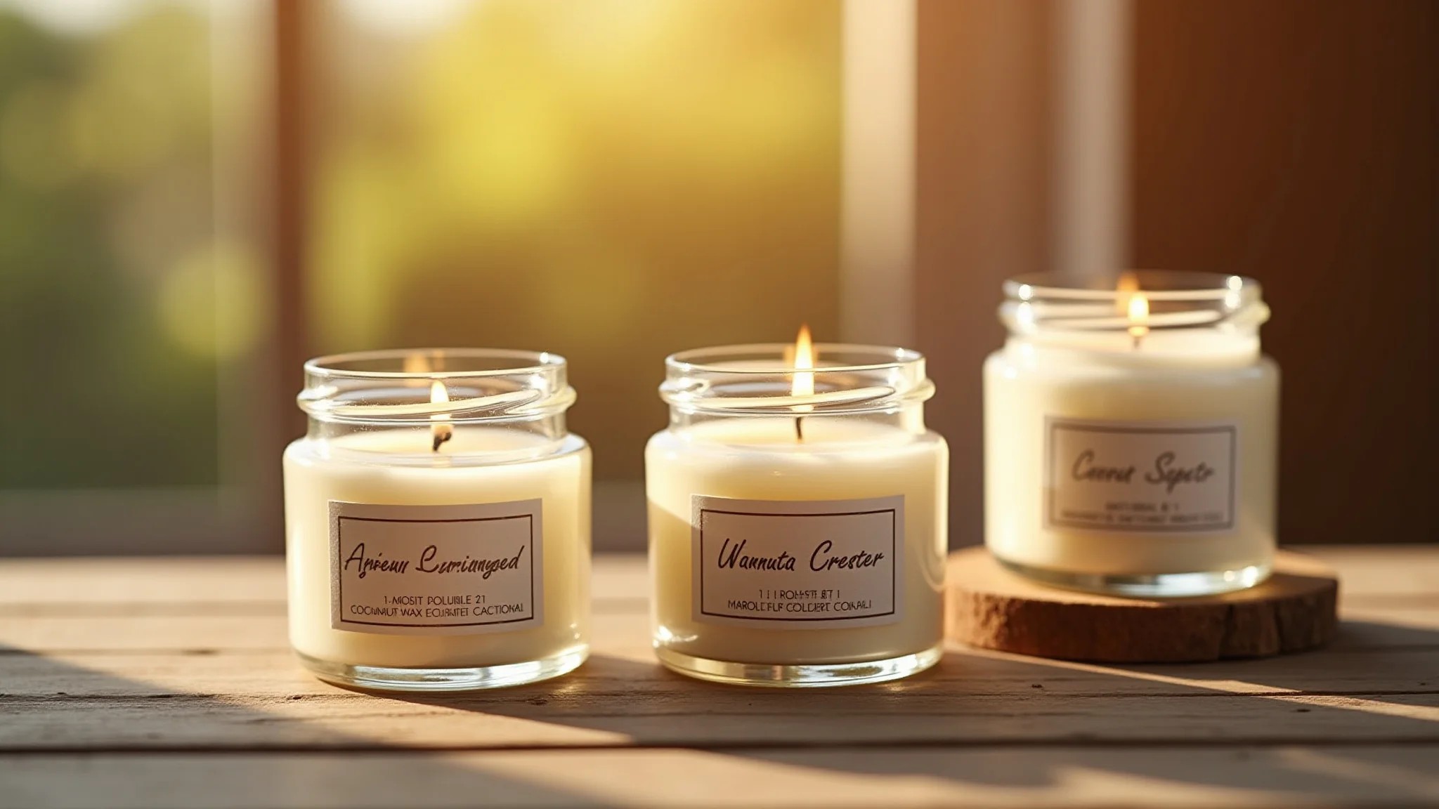 Tipos de cera para velas (soja, coco, parafina) em potes com rótulos.