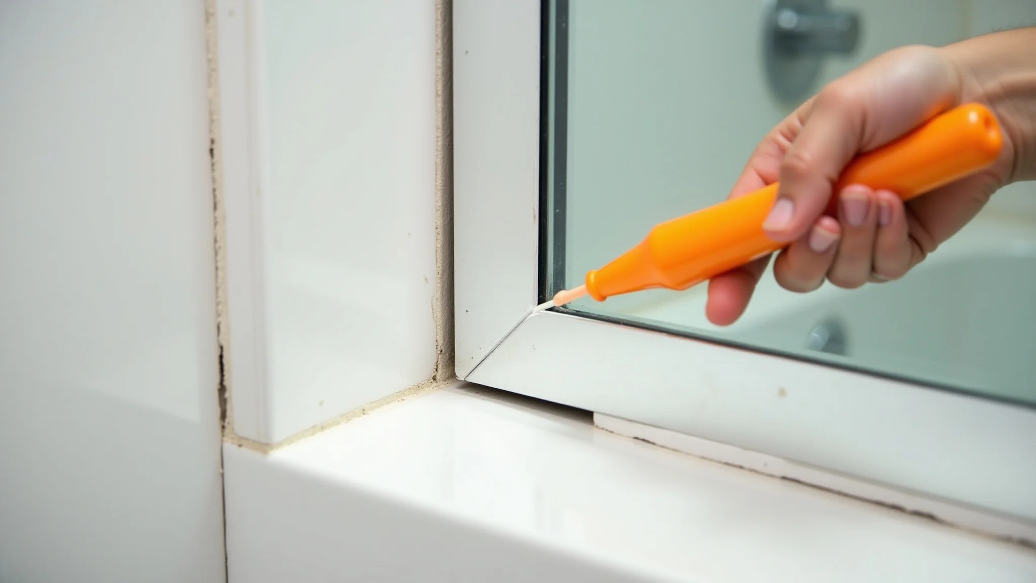 Aplicação de silicone na borda do box para vedar e evitar infiltrações.