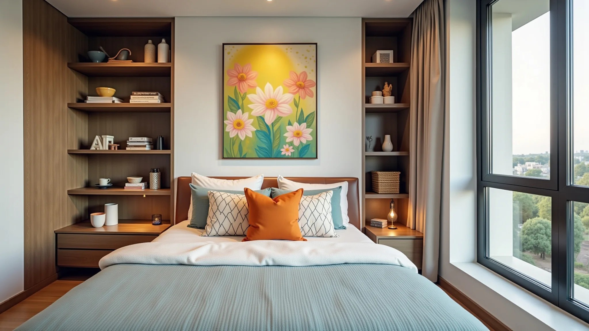 Organização de quarto pequeno com prateleiras, nichos e decoração colorida.