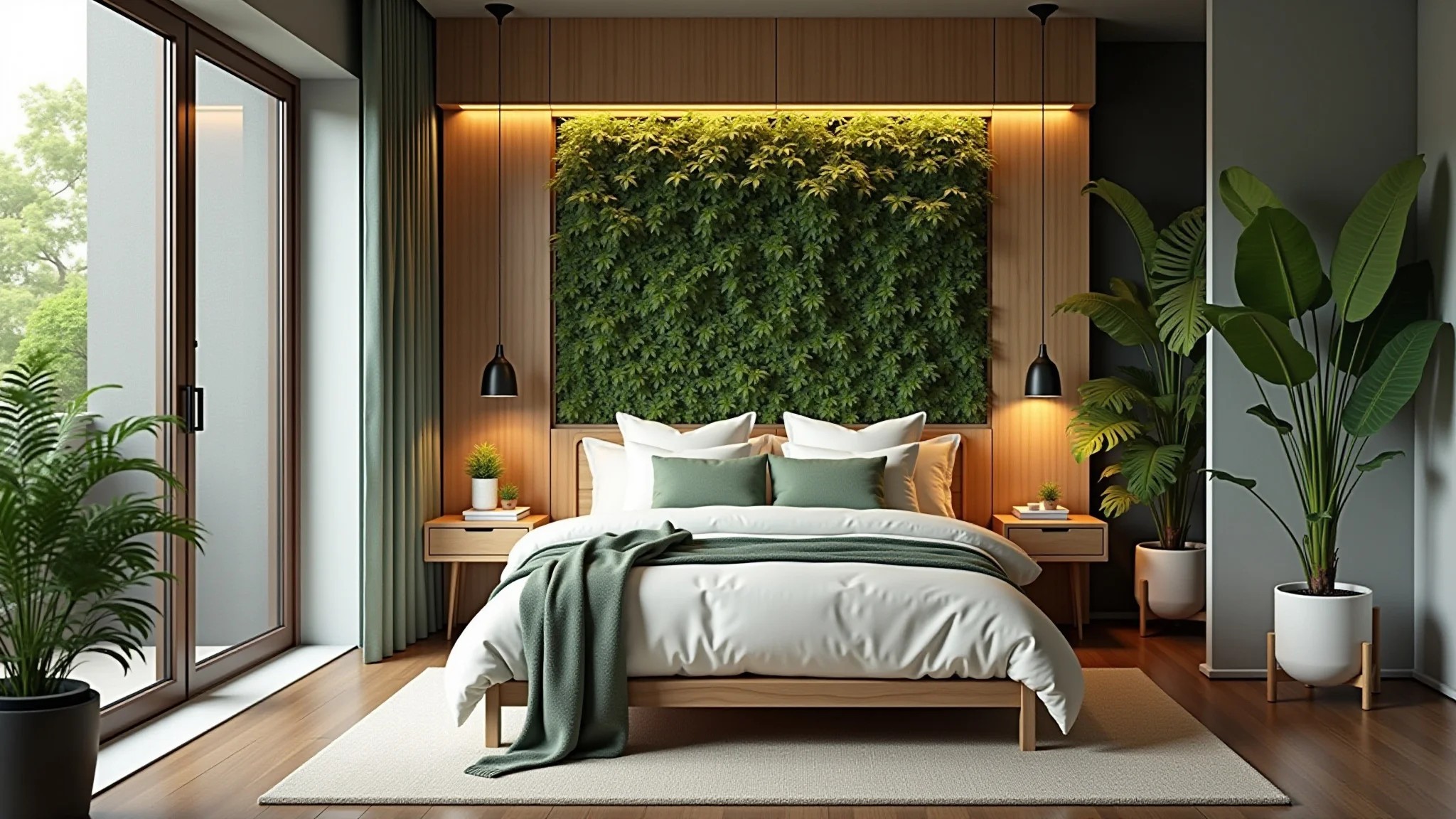 Quarto verde pequeno com jardim vertical e móveis de madeira clara.