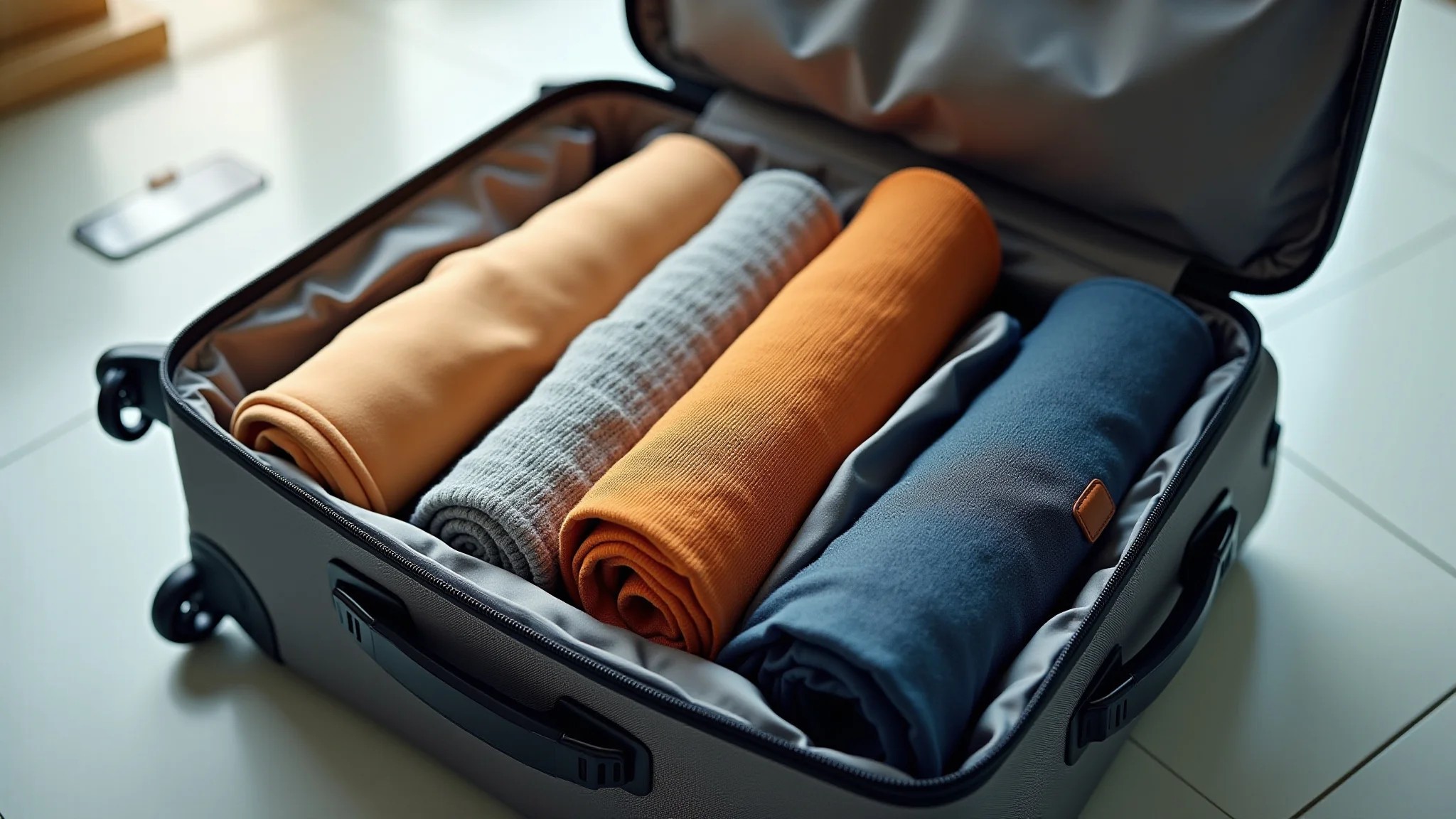 Mala organizada com roupas enroladas e acessórios de viagem, vista superior.