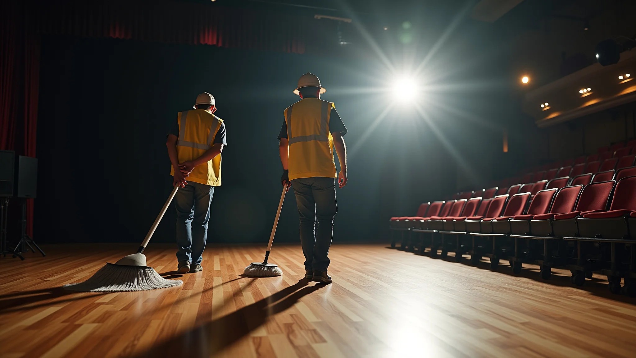Trabalhador limpando o piso de madeira de um palco de teatro durante a manutenção.