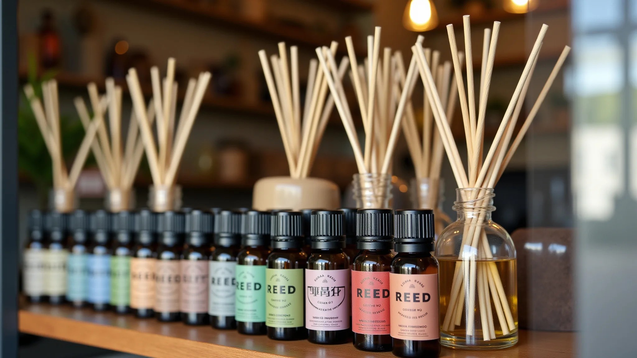 Variedade de frascos de aromatizador e óleos essenciais em prateleira de loja.