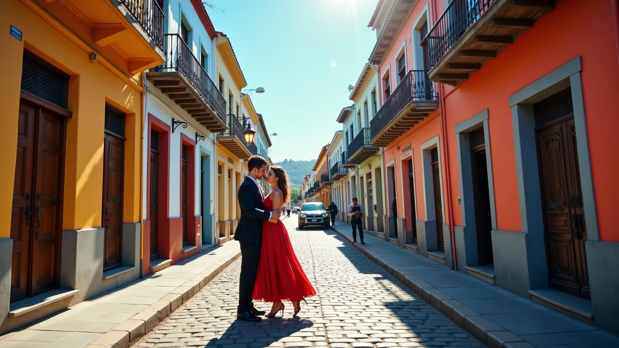 Rua vibrante do Caminito, casas coloridas, dançarinos de tango, dia ensolarado em Buenos Aires.