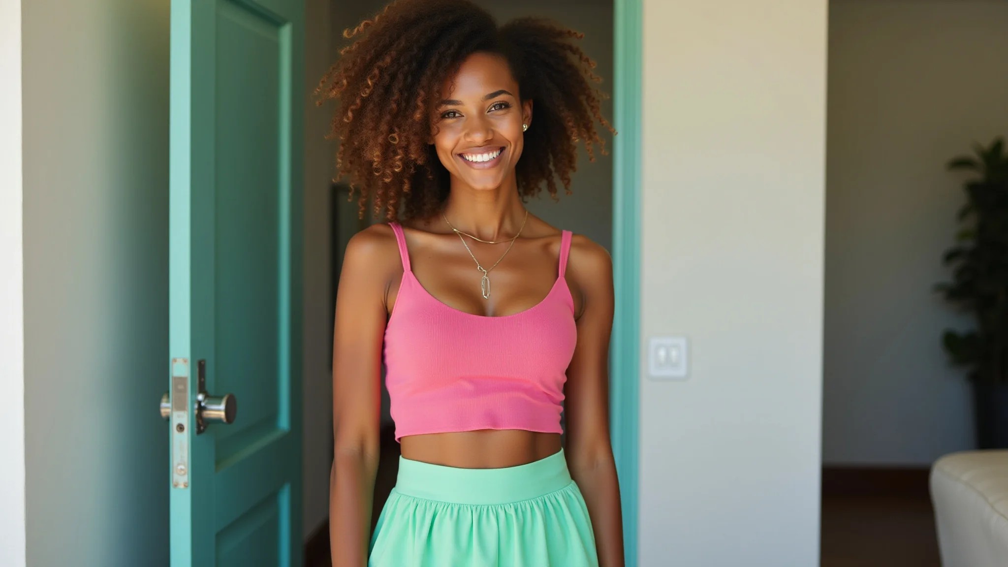 Mulher morena com blusa rosa e saia verde-água, sorrindo, iluminação brilhante, estilo brasileiro.