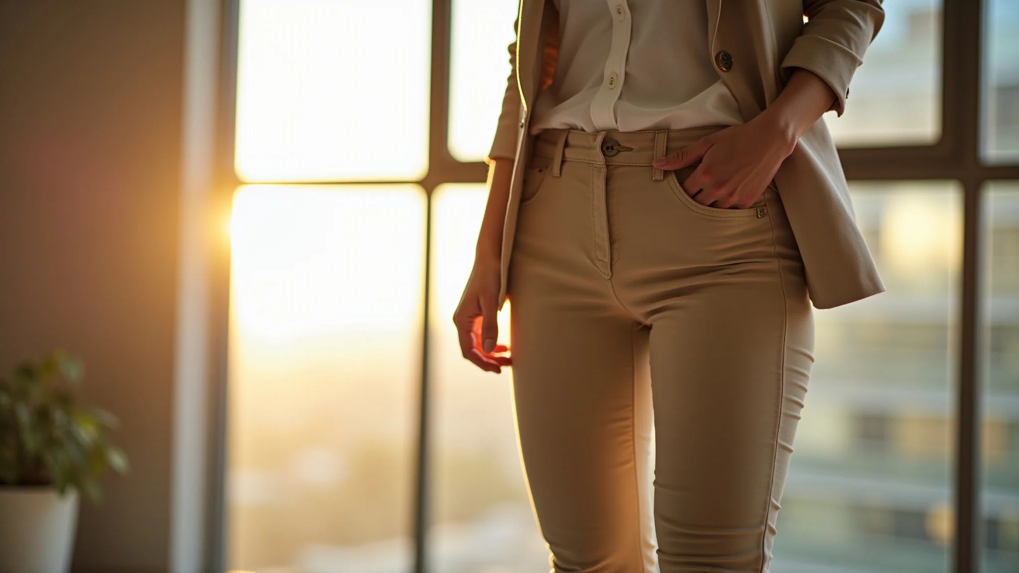 Jovem mulher com calça social skinny e blazer em ambiente de escritório.