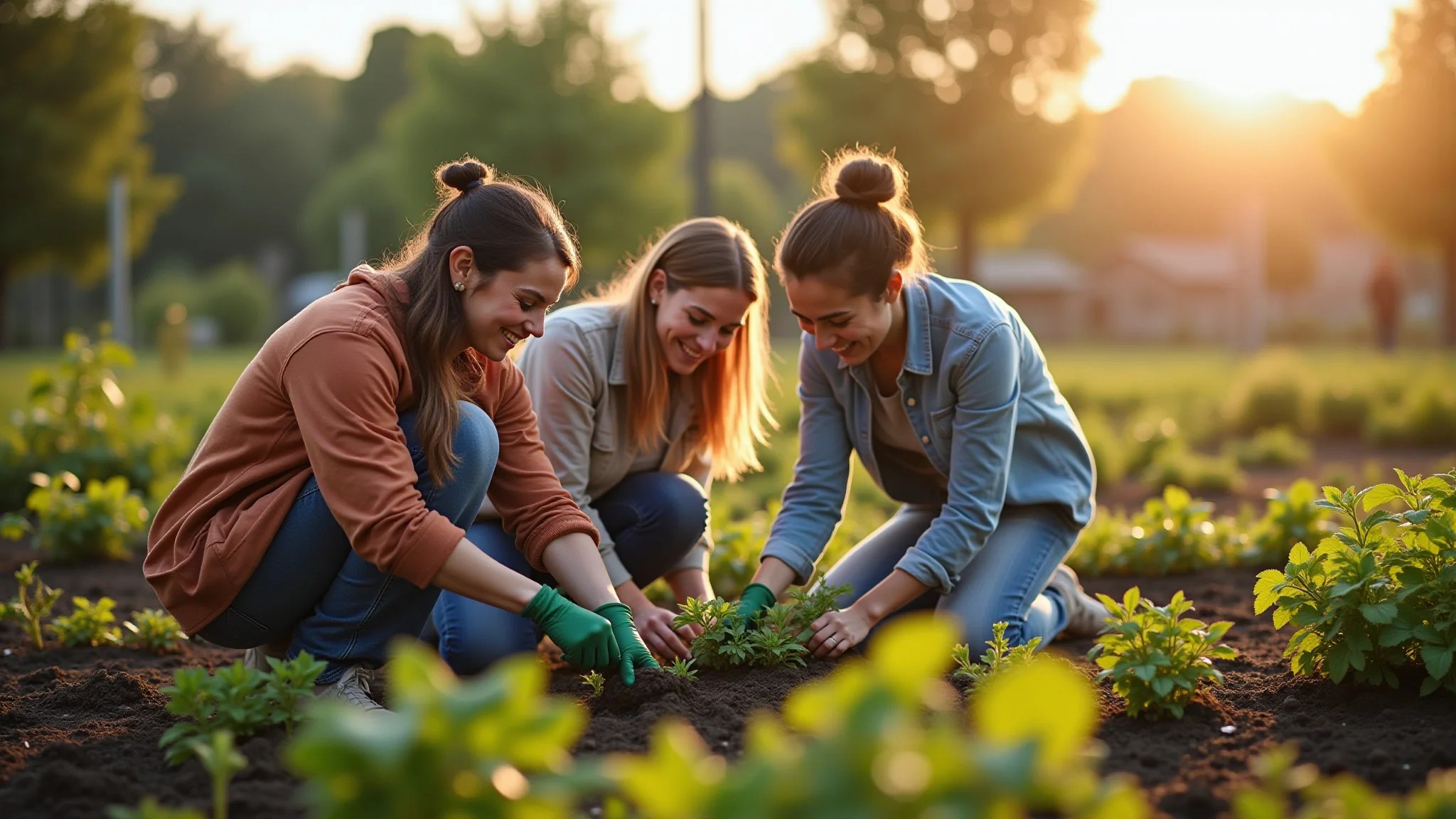 Jardim comunitário com pessoas diversas plantando juntas.