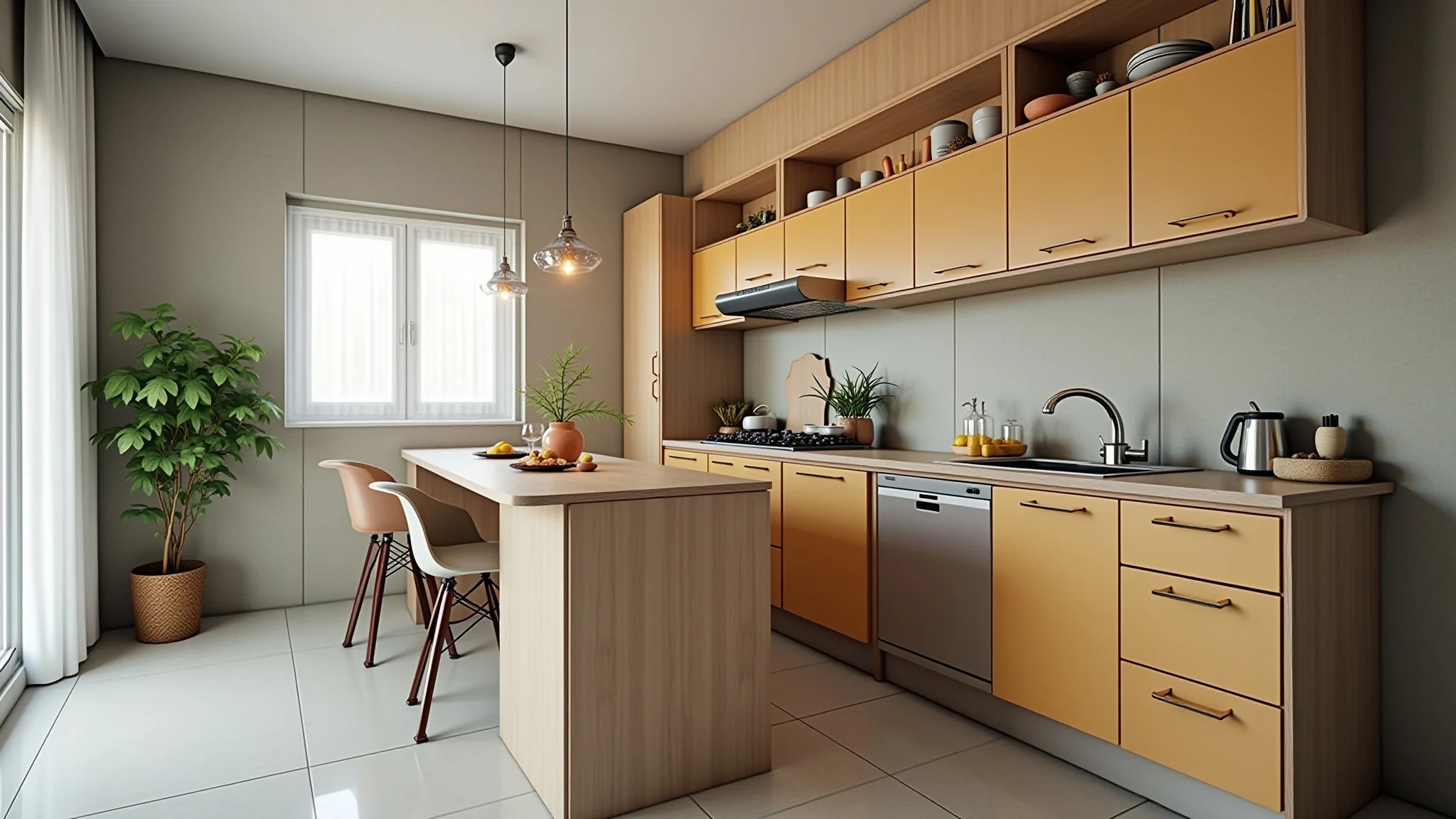 Cozinha americana compacta com balcão, decoração brasileira colorida, luz natural.