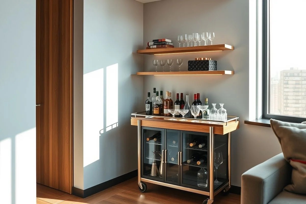 Barzinho compacto em apartamento com carrinho de bar