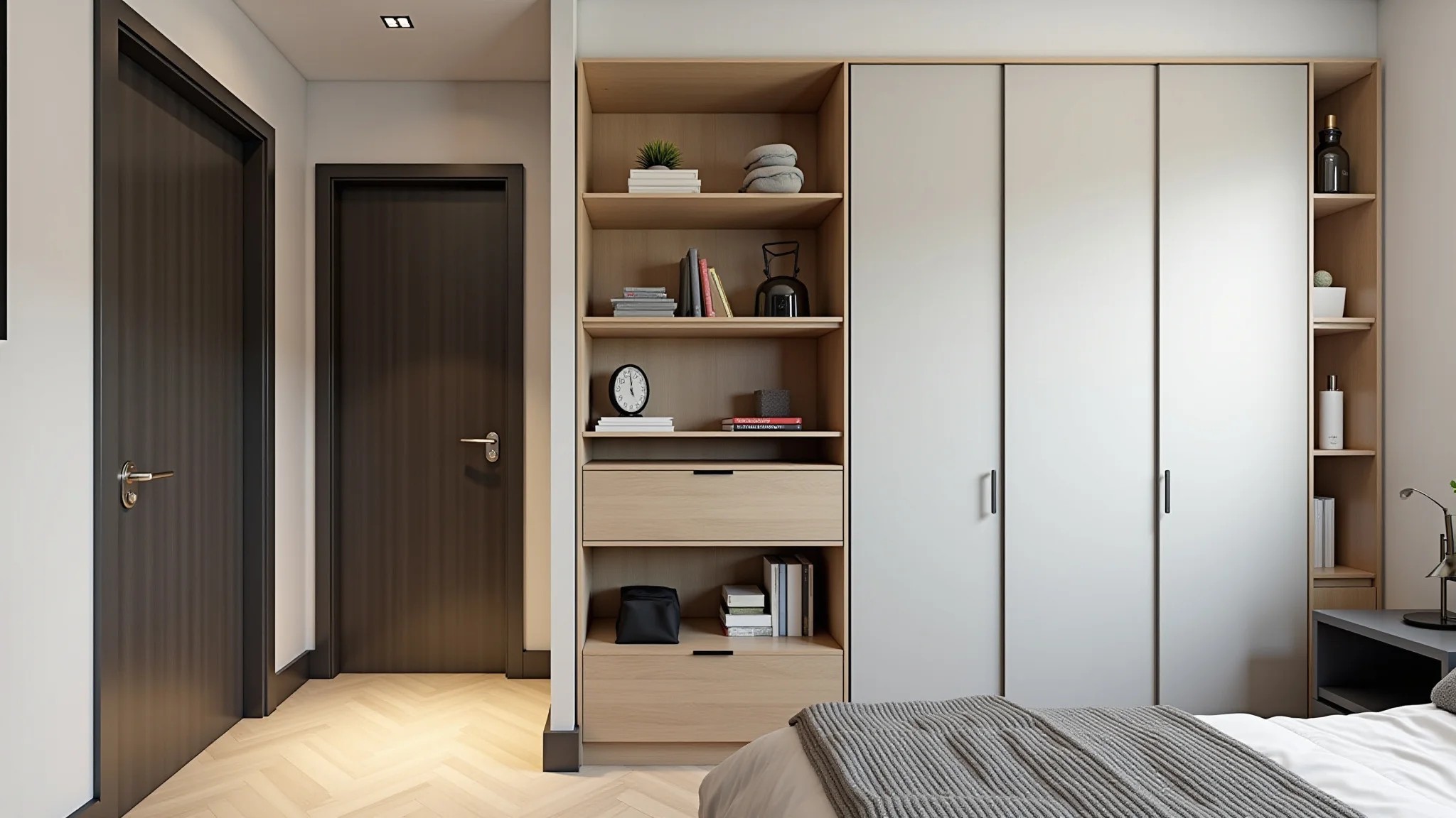 Interior de apartamento compacto, design funcional, soluções inteligentes de armazenamento.