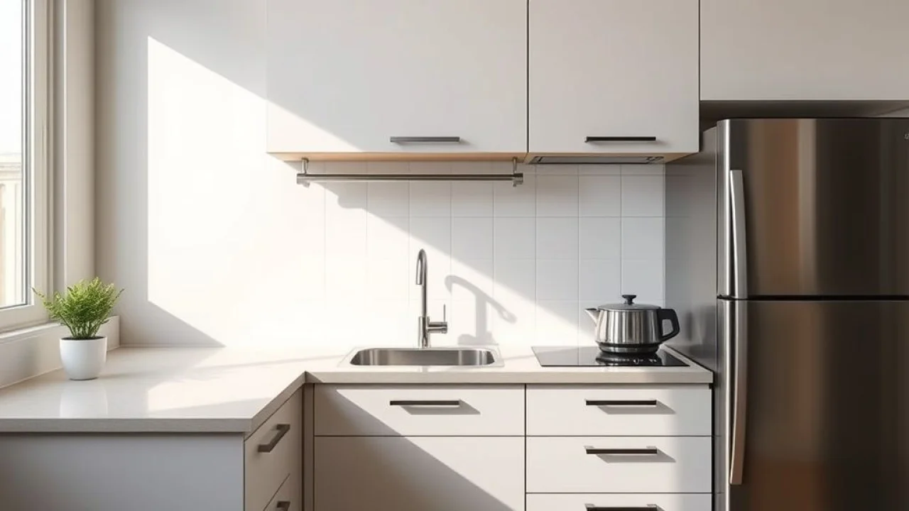 Pequena pia de inox em cozinha compacta brasileira.