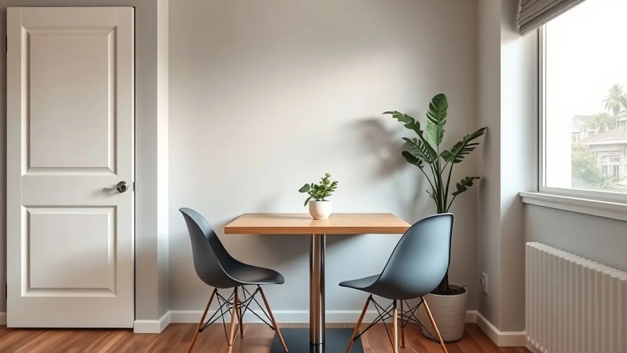Mesa dobrável fixada na parede otimizando espaço em sala de jantar.