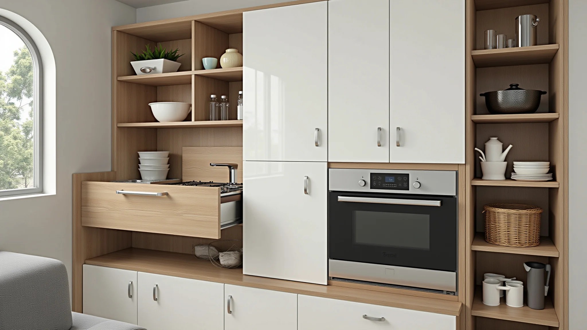 Cozinha gourmet pequena com soluções inteligentes de armazenamento.