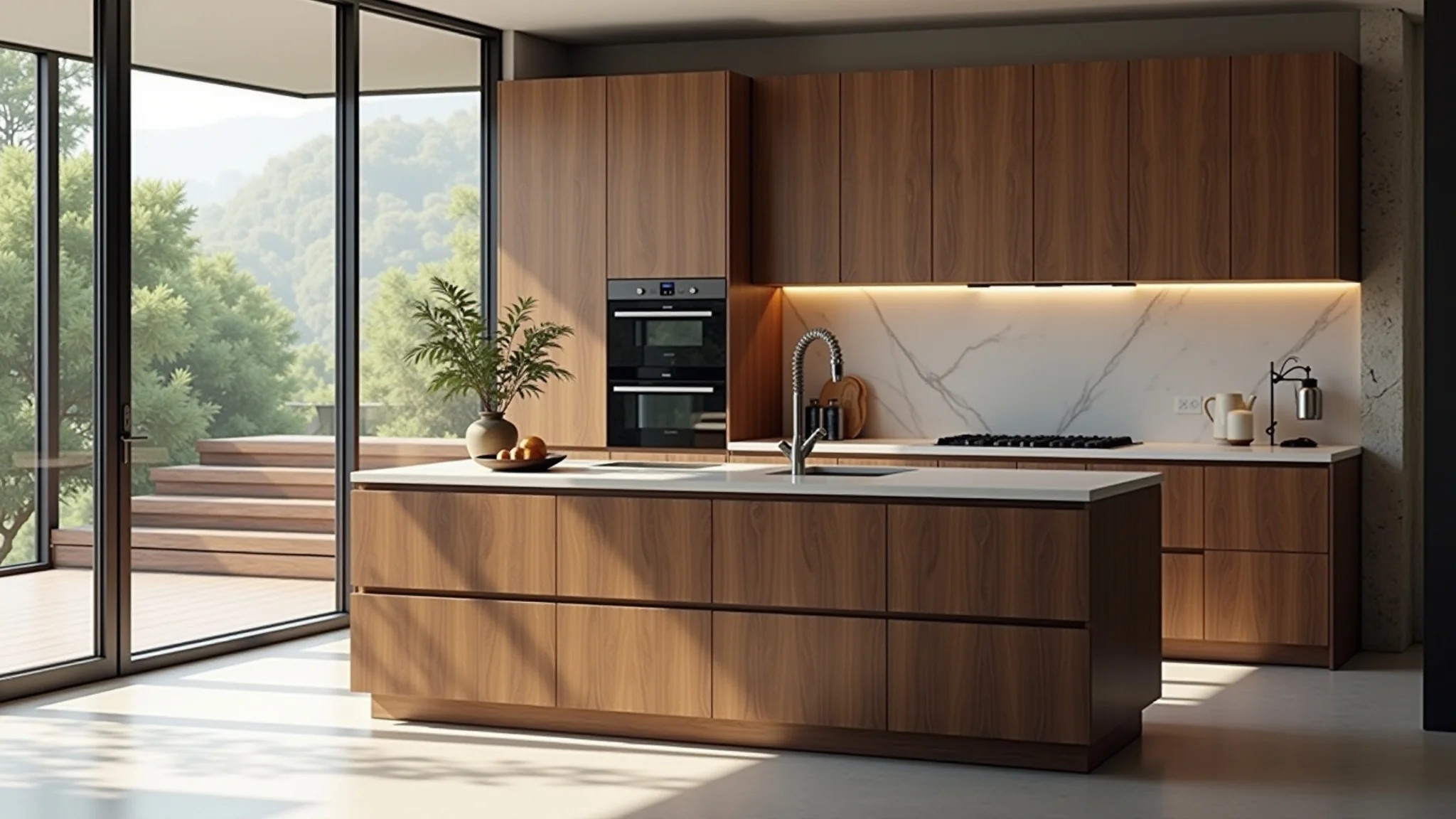 Ilha de cozinha compacta com detalhes em madeira e decoração em estilo brasileiro.
