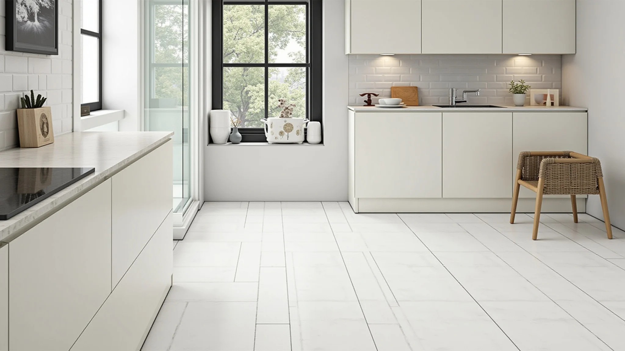 Cozinha compacta com piso cerâmico branco de grande formato.