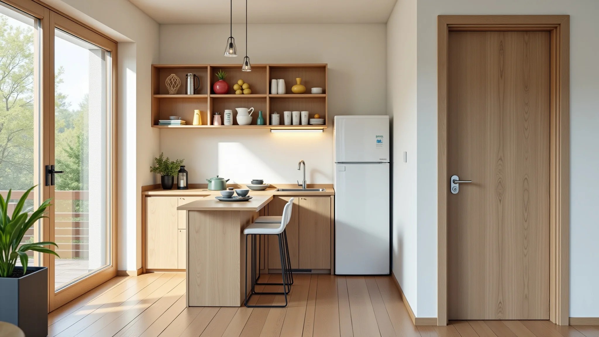 Cozinha compacta com mesa retrátil, design otimizado e detalhes coloridos.