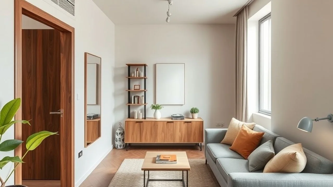 Rack suspenso com espelho em sala pequena, otimização de espaço, apartamento brasileiro.