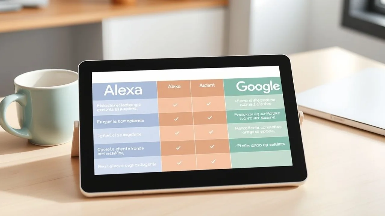 Tabela comparativa Alexa vs Google Assistente em português, exibida em um tablet.