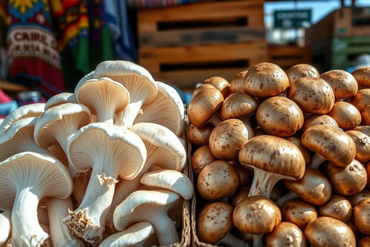 Champignon fresco e em conserva lado a lado em feira.