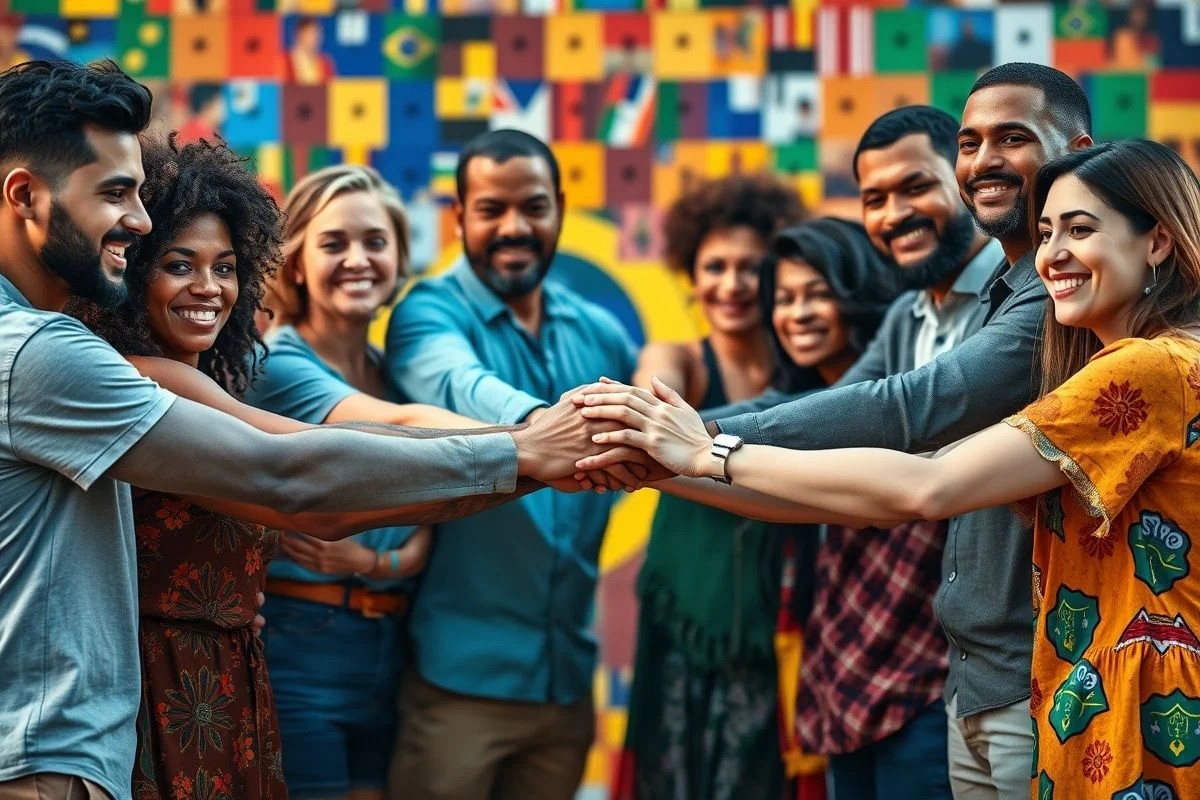 Grupo diverso de brasileiros de mãos dadas, simbolizando inclusão social.