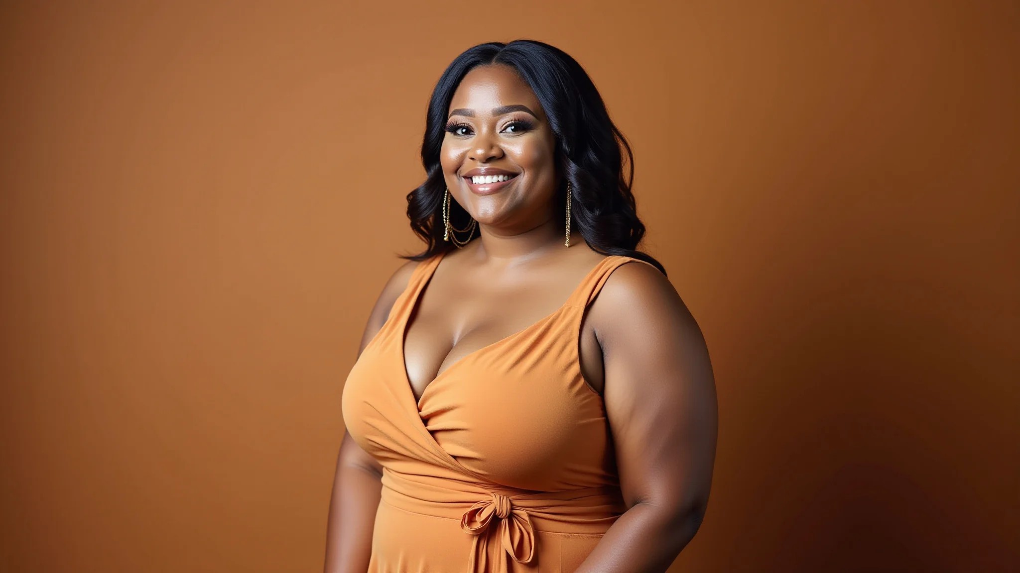 Madrinha plus size confiante em vestido sob medida, cores quentes, estilista brasileira auxiliando.