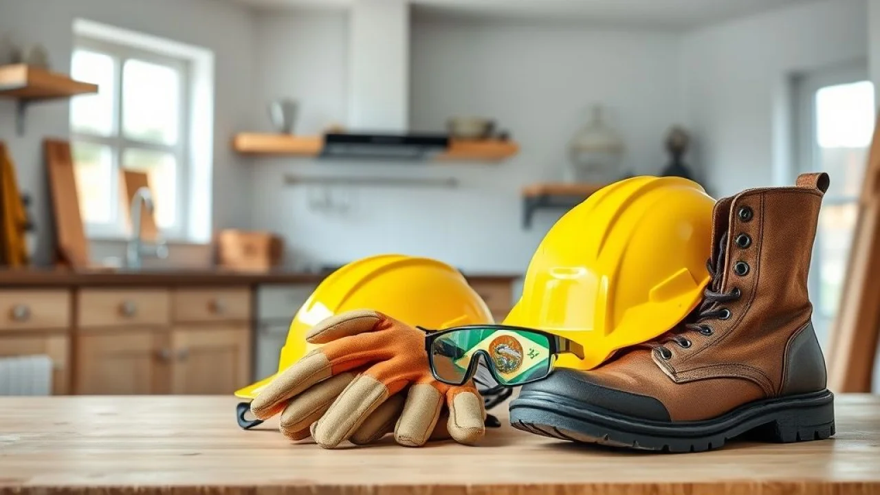 EPIs (capacete, óculos, luvas, botas) organizados em bancada de obra de cozinha.