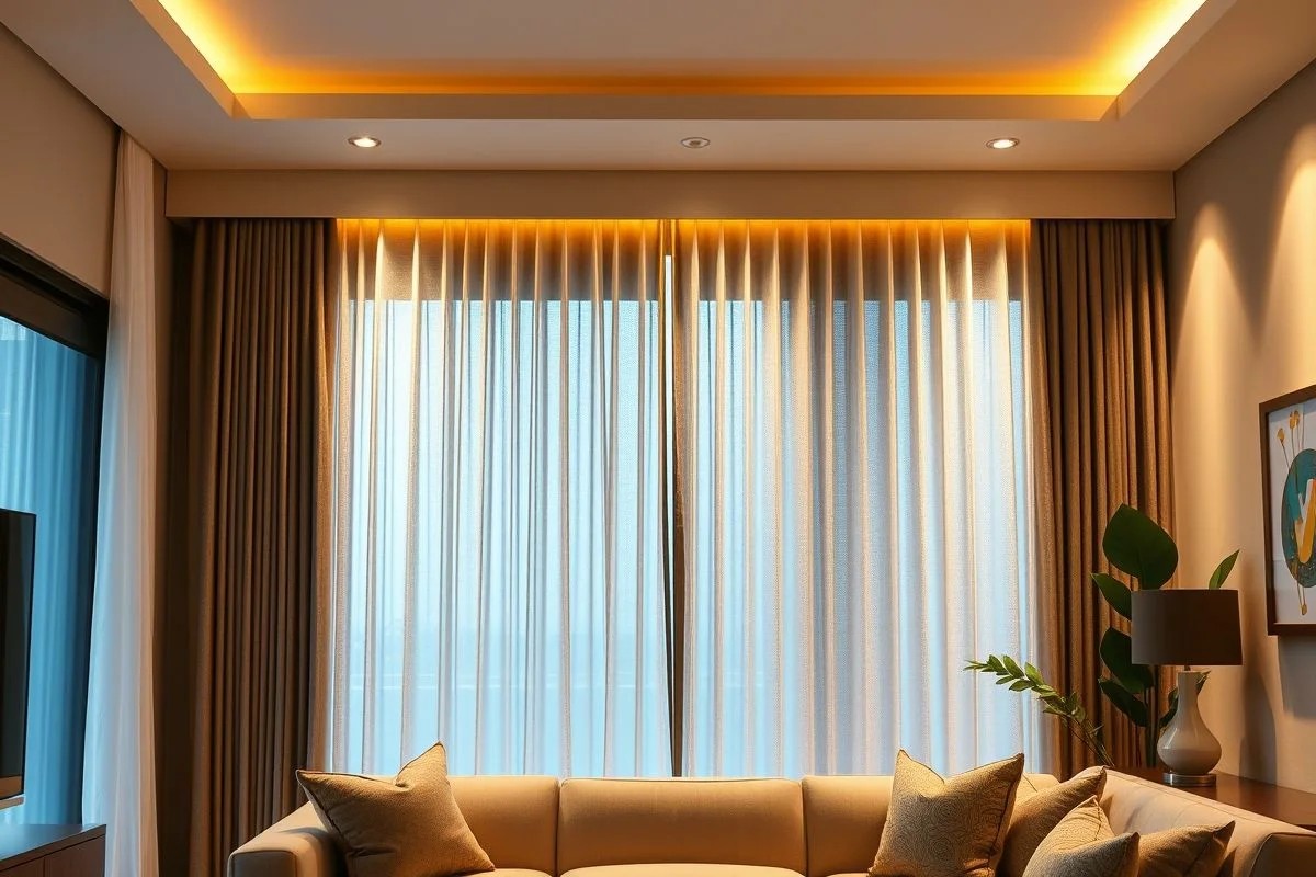 Sala contemporânea com cortineiro sobreposto e spots de luz direcionáveis.