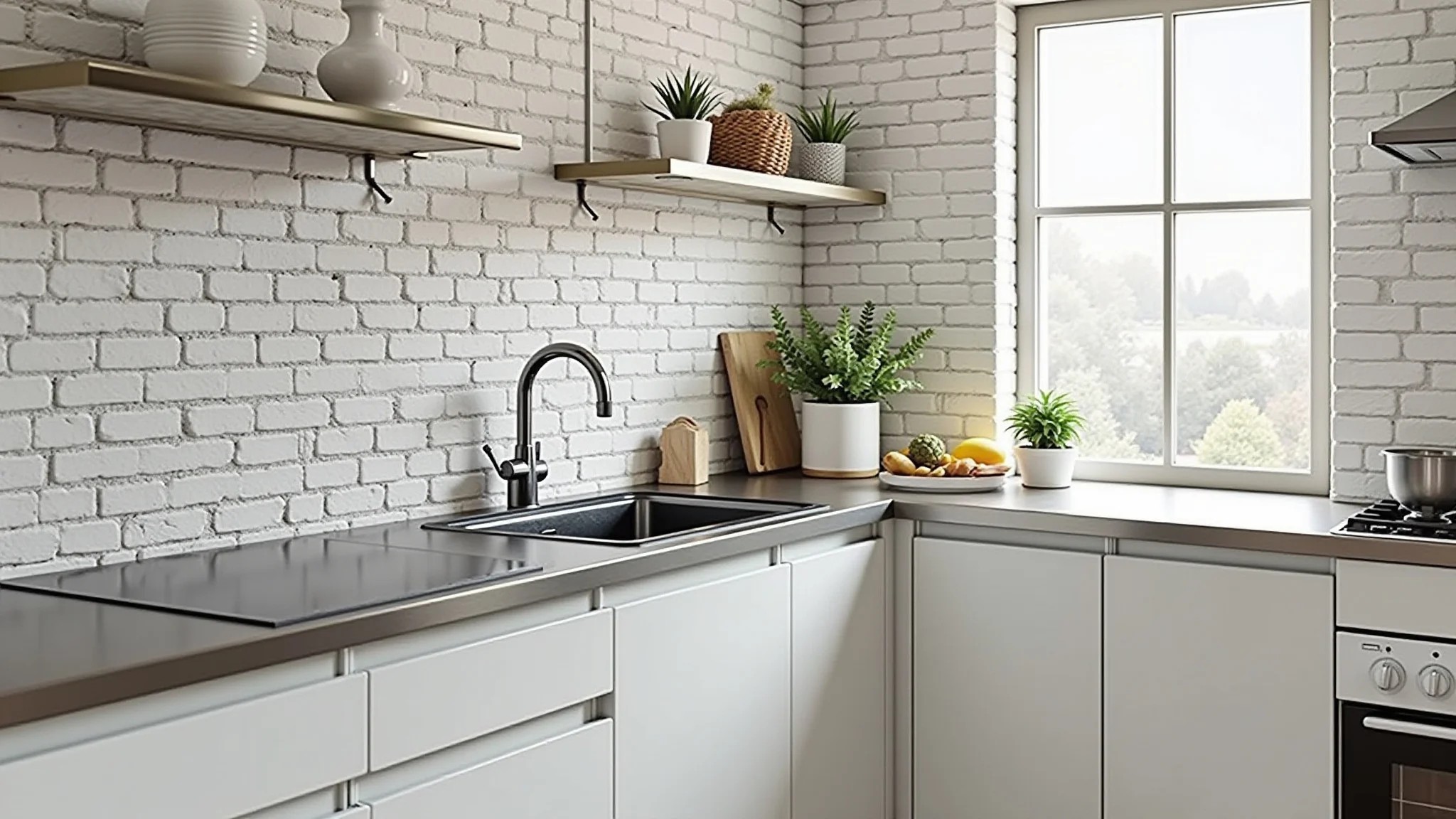 Cozinha contemporânea com parede de tijolos aparentes pintada de branco.