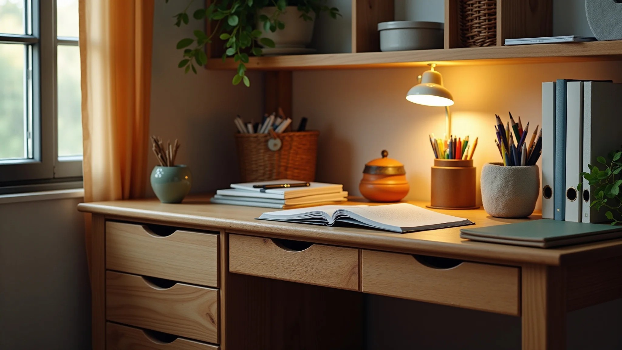Mesa de canto com gavetas, espaço de trabalho organizado, iluminação quente e estilo brasileiro.