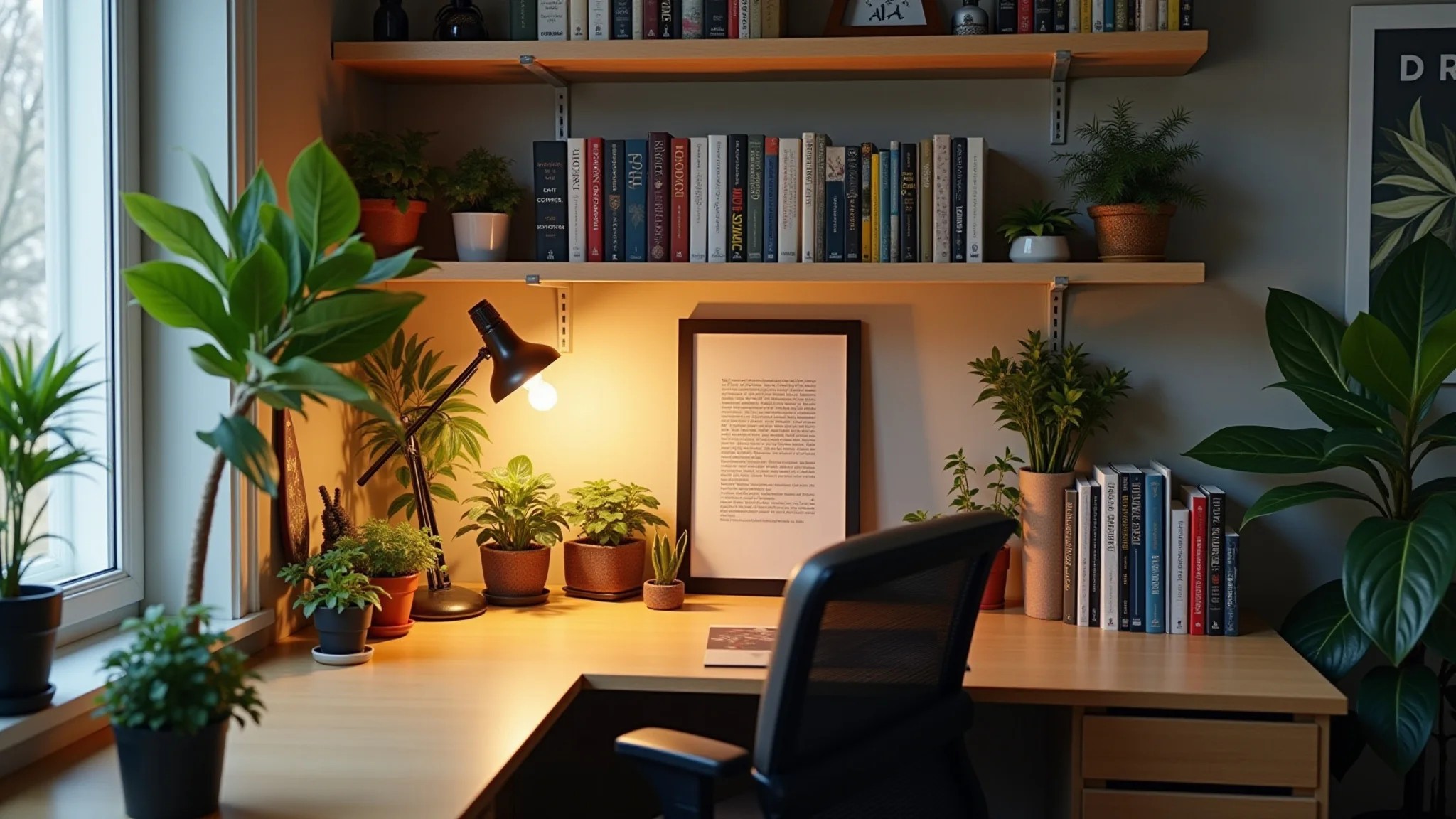 Mesa de canto com prateleiras, livros, plantas, espaço organizado e iluminação quente em home office.