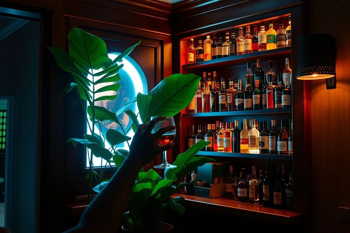 Barzinho de canto em sala com armário de madeira e planta