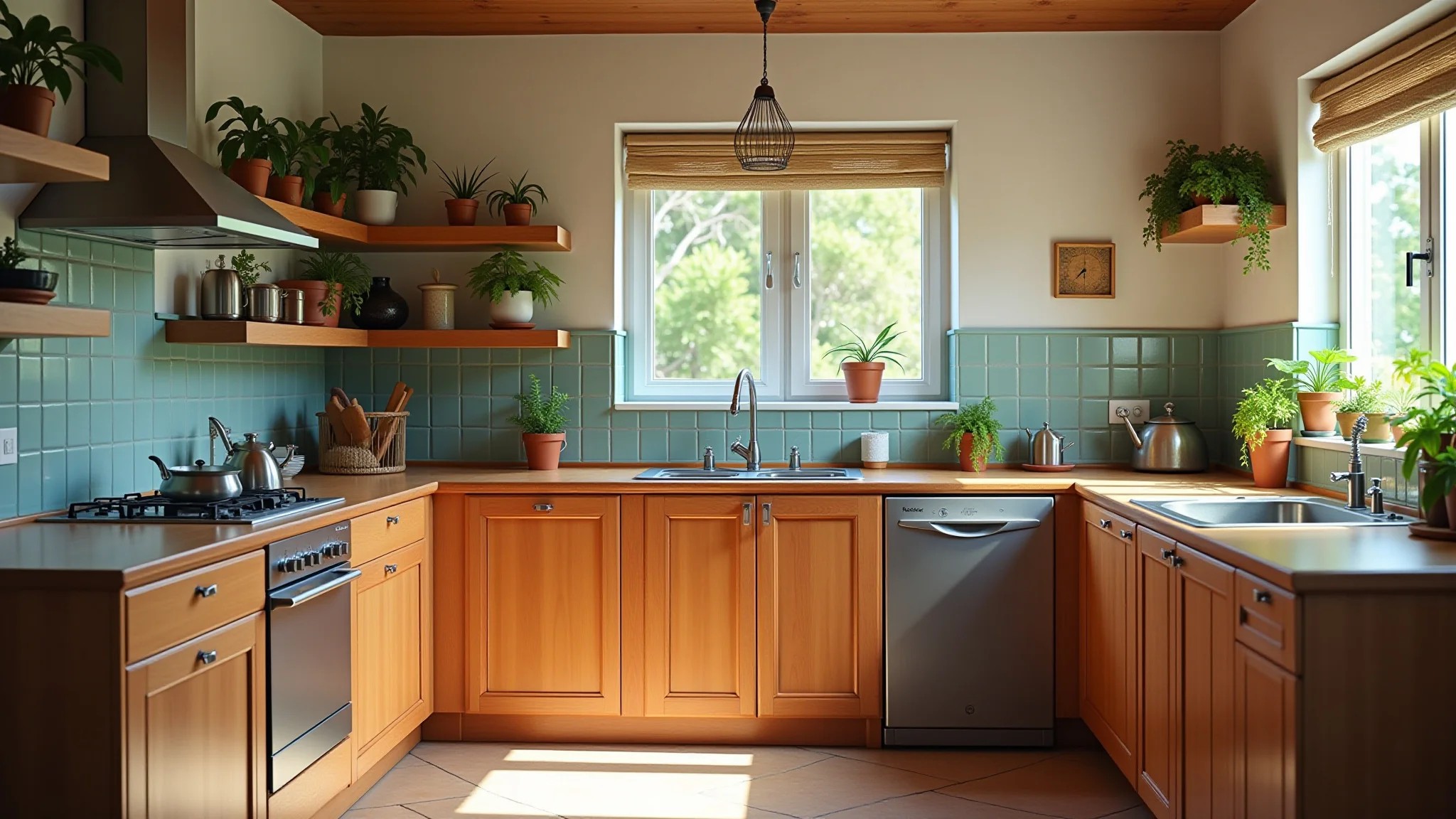 Canto de cozinha aconchegante com lava-louças instalada, plantas e luz natural.