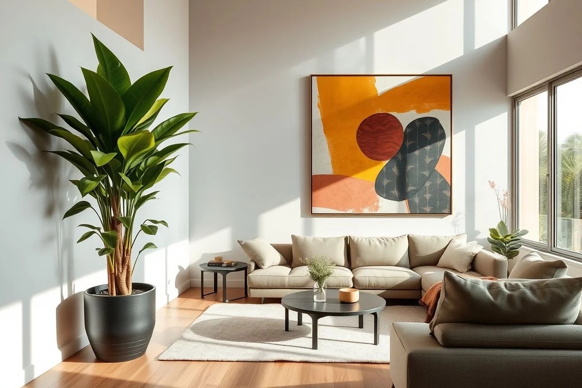 Canto de sala minimalista com planta e arte abstrata