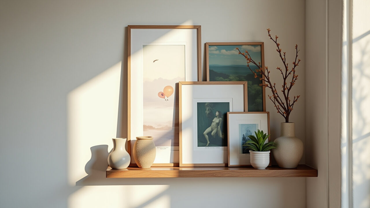 Canto de sala com prateleira de canto exibindo arte e objetos decorativos.