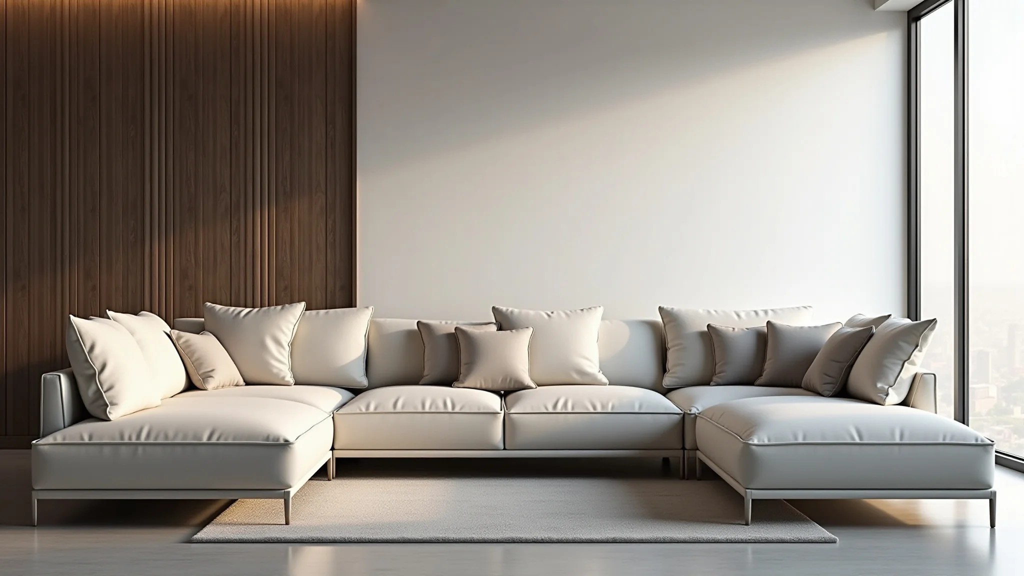 Sofá de canto em sala moderna, decoração minimalista, tons neutros e janela grande.